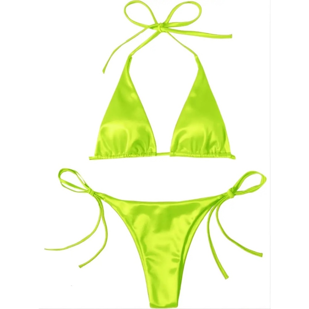 BNWT Isabelle LaRue Neon Yellow/Green Satin String Tie Bikini - Small